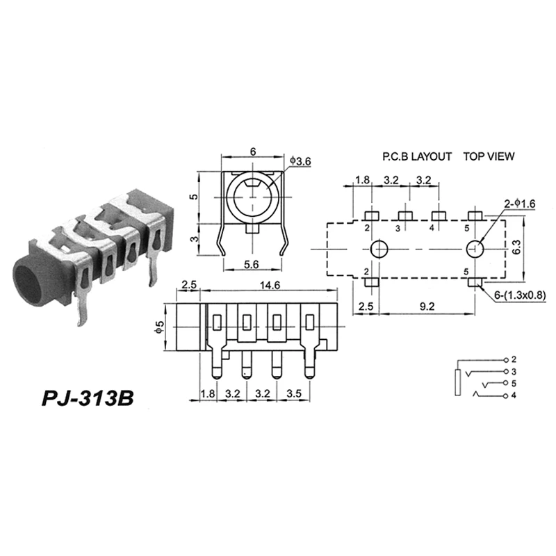 30pcs 3 5mm Jack Headphone Connector Audio Socket Plug DIP Six Feet PJ 313B 3 5mm Headphone Adapter