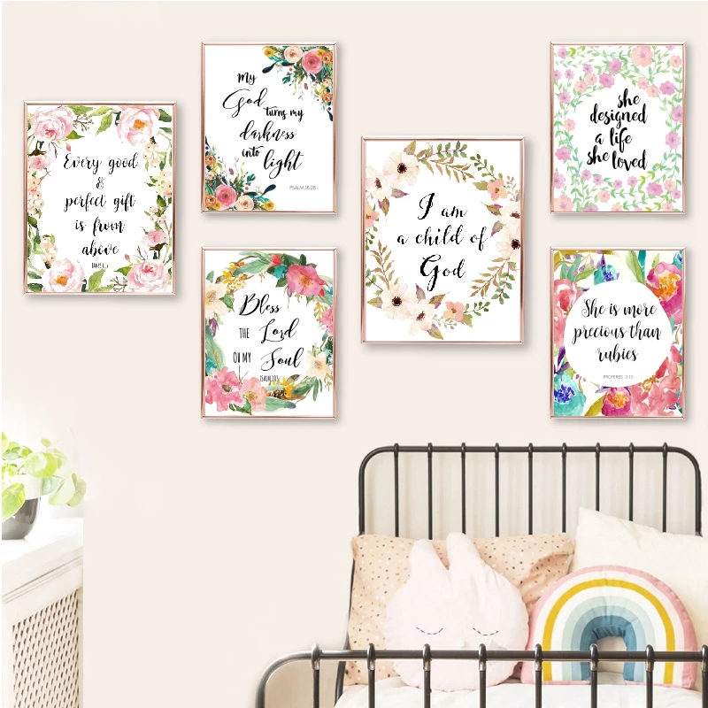 Girls Room Decor Bible Verses Quotes Art Canvas Painting Watercolor Flowers Christian Scripture