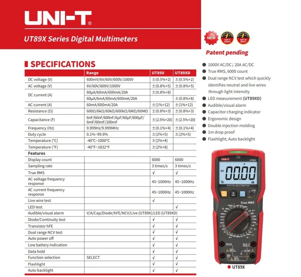 UNI-T UT89X цифровой мультиметр тестер True RMS AC DC Вольтметр Амперметр Емкость Сопротивление частоты тестер