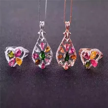 Натуральный турмалин Набор 925 инкрустированные натуральный драгоценный камень кольцо+ кулон ожерелье