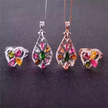 

Natural tourmaline set 925 inlaid natural gemstone ring + Pendant Necklace