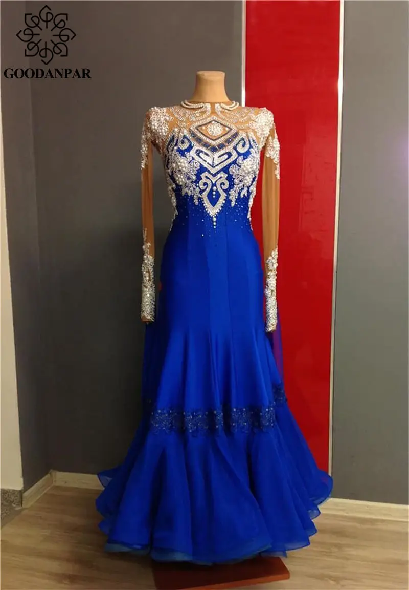 

GOODANPAR Long Sleeve Sexy Pattern Standard Lycra Ballroom Dance Dress Women Ladies Modern Waltz Costume Competition Dancewear