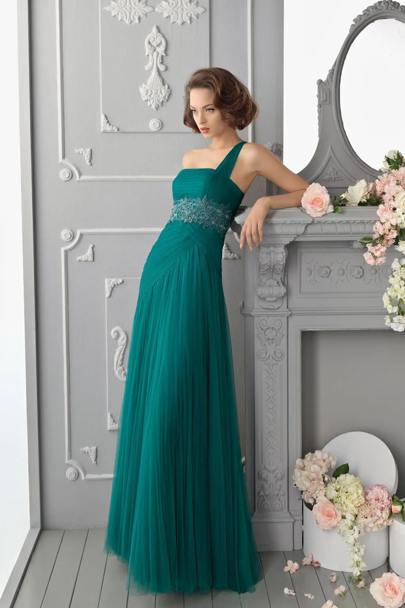 

New Arrival Floor Length Pleat Green Prom Dresses Party Gown Elegant Long Beaded Waist Chiffon One Shoulder Prom Dresses 2014