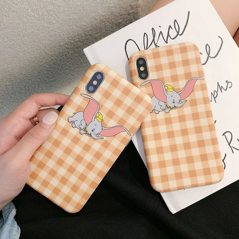 

Cute Cartoon Dumbo Phone Case For iPhone XR 7 8 6 6S Plus X XS MAX Soft TPU Shockproof Back Cover Coque Lattice Pattern Fundas