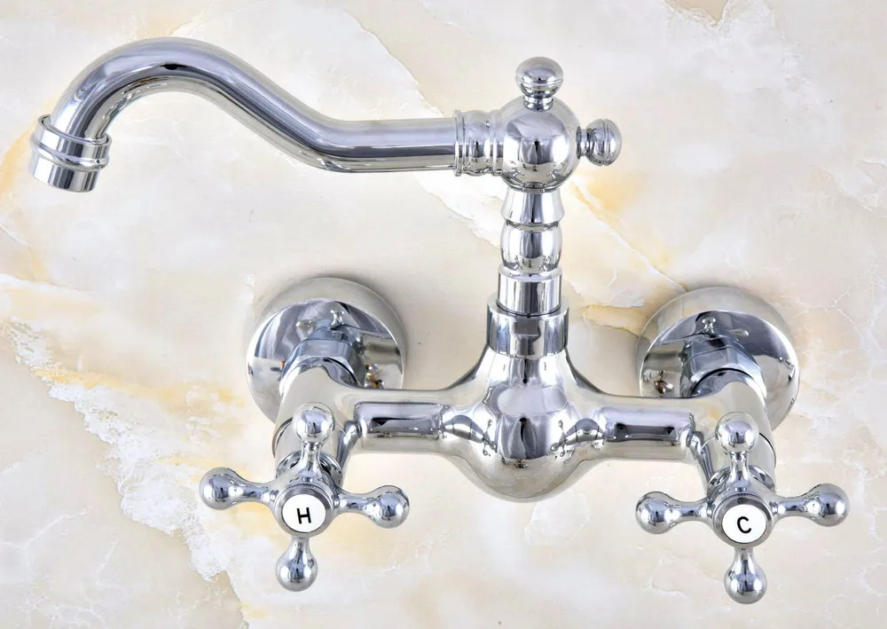 Polished Chrome Brass Wall Mount Bathroom Basin Kitchen Sink Faucet Swivel Spout Mixer Tap Dual Cross Handles Levers anf577