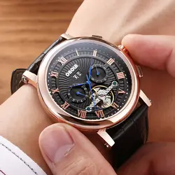 ONOLA модные бизнес часы мужские большой циферблат с датой Tourbillon из натуральной кожи ремешок Автоматическая машина мужские часы Relogio Masculino