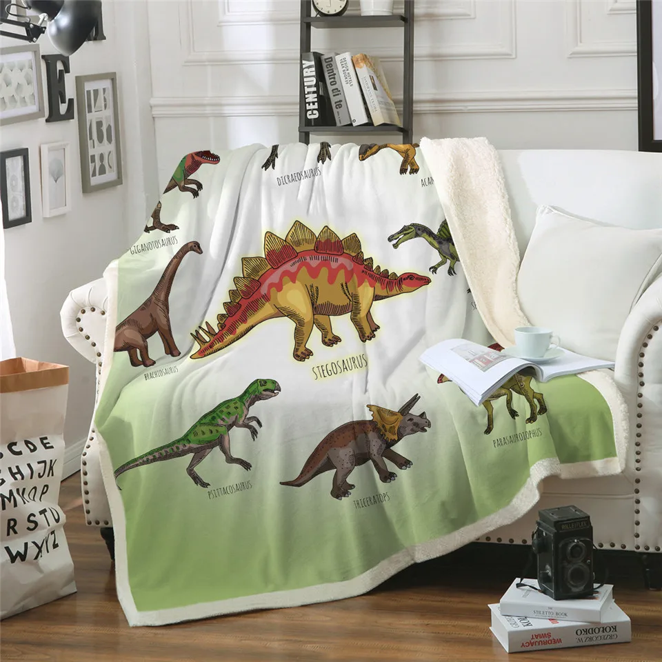 3D Dinosaur Sherpa Throw Blanket Jurassic Printed Bedspread For Kids