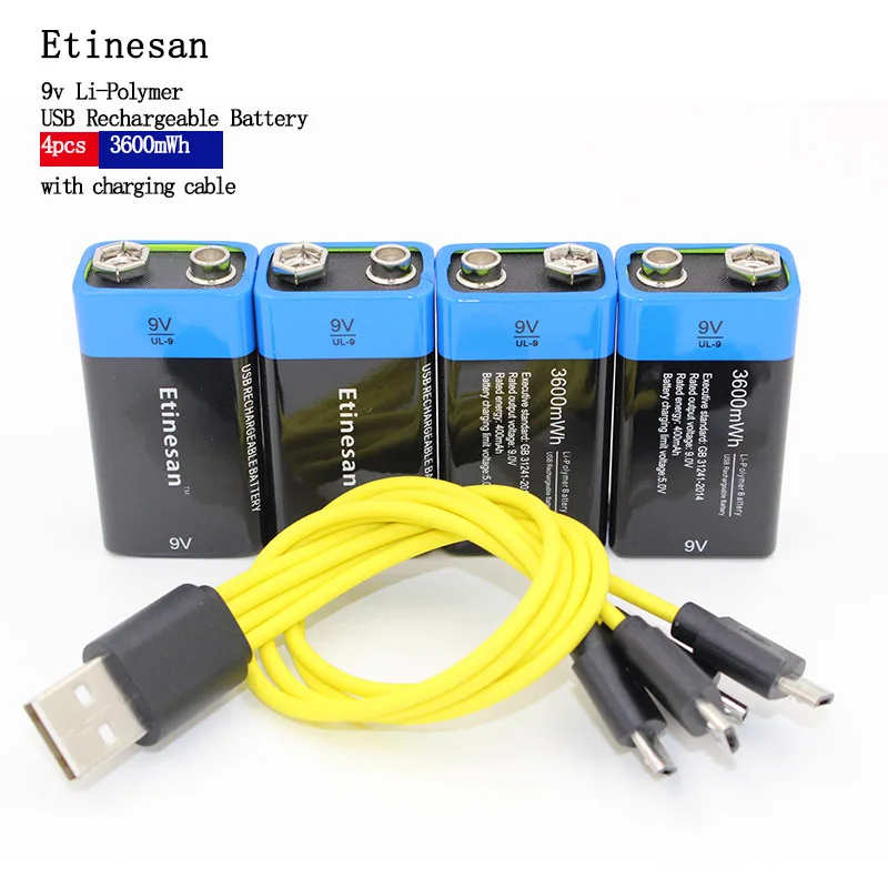 

NEW battery Etiesan 4pcs/lot 9V 3600MWH lithium li-ion li-poltmer rechargeable battery with USB charging cable Toy flashlight