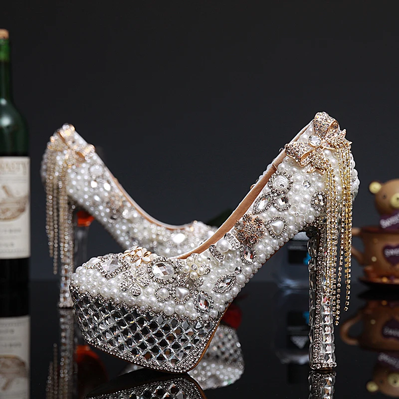 2018 Luxury Lady White Pearl Rhinestone Party Dress Shoes Thin Heels