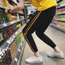 2017 New Arrival Mens Fashion Ankle-Length Pants Casual Vogue Side stripe Pencil Pants Black Slim Fit Sweatpant Pantalon Homme