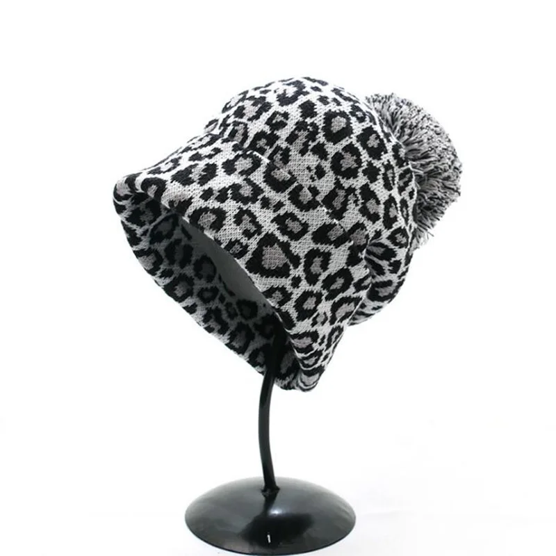 

Women Leopard Winter pom pom hats wool knitted thicken warm beanies hat lady fashion ski Leopard beanies caps