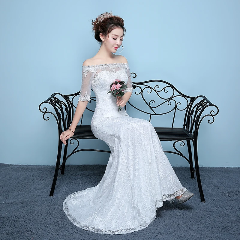 

Fishtail Wedding Dress New White / Red Wedding Dresses Lace Up Boat Neck Dress Chinese Style Embroidery