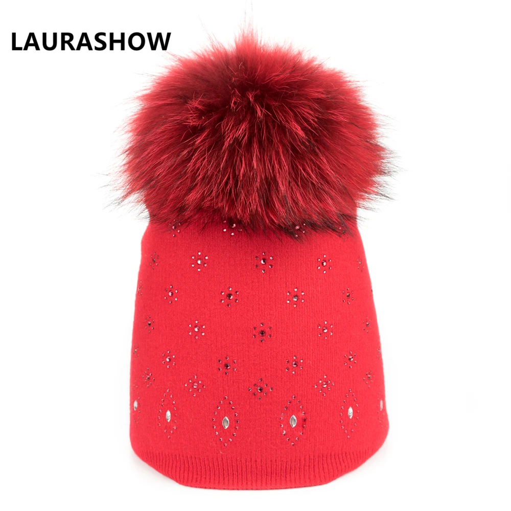 

LAURASHOW Knitted Women Hat Fur Hats For Lady Beanies Cap Girl Ball Pom Poms And Wool Knitted Hat New Cap