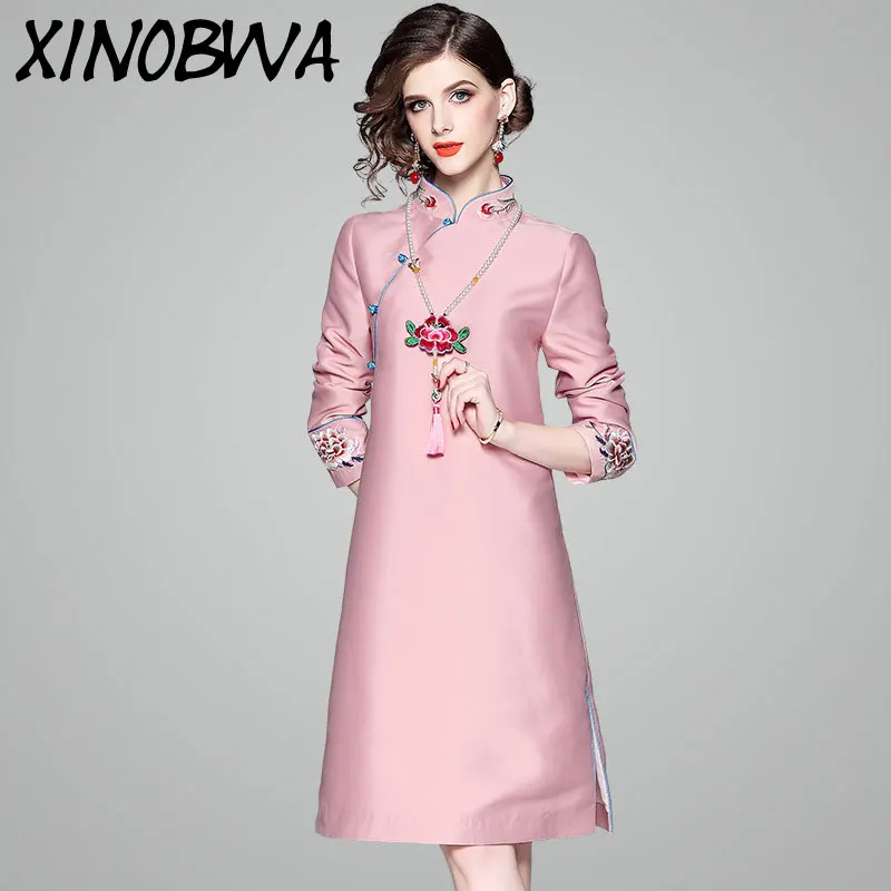 Hot Autumn Spring Women's Fashion Loose Stand Collar Embroidery Tassel Cheongsam Dress Female Vintage Pink Victoria Secret Dress