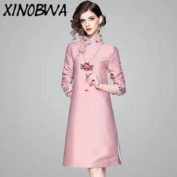 

Hot 2020 Spring Women's Fashion Loose Stand Collar Embroidery Tassel Cheongsam Dress Female Vintage Pink Victoria Secret Dress
