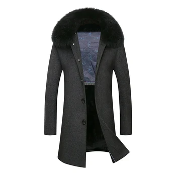 

2018 New Extra Long Thicken Warm Jacket Men Wool Coat Winter High Quality Big Detachable Fur Collar Overcoat Man