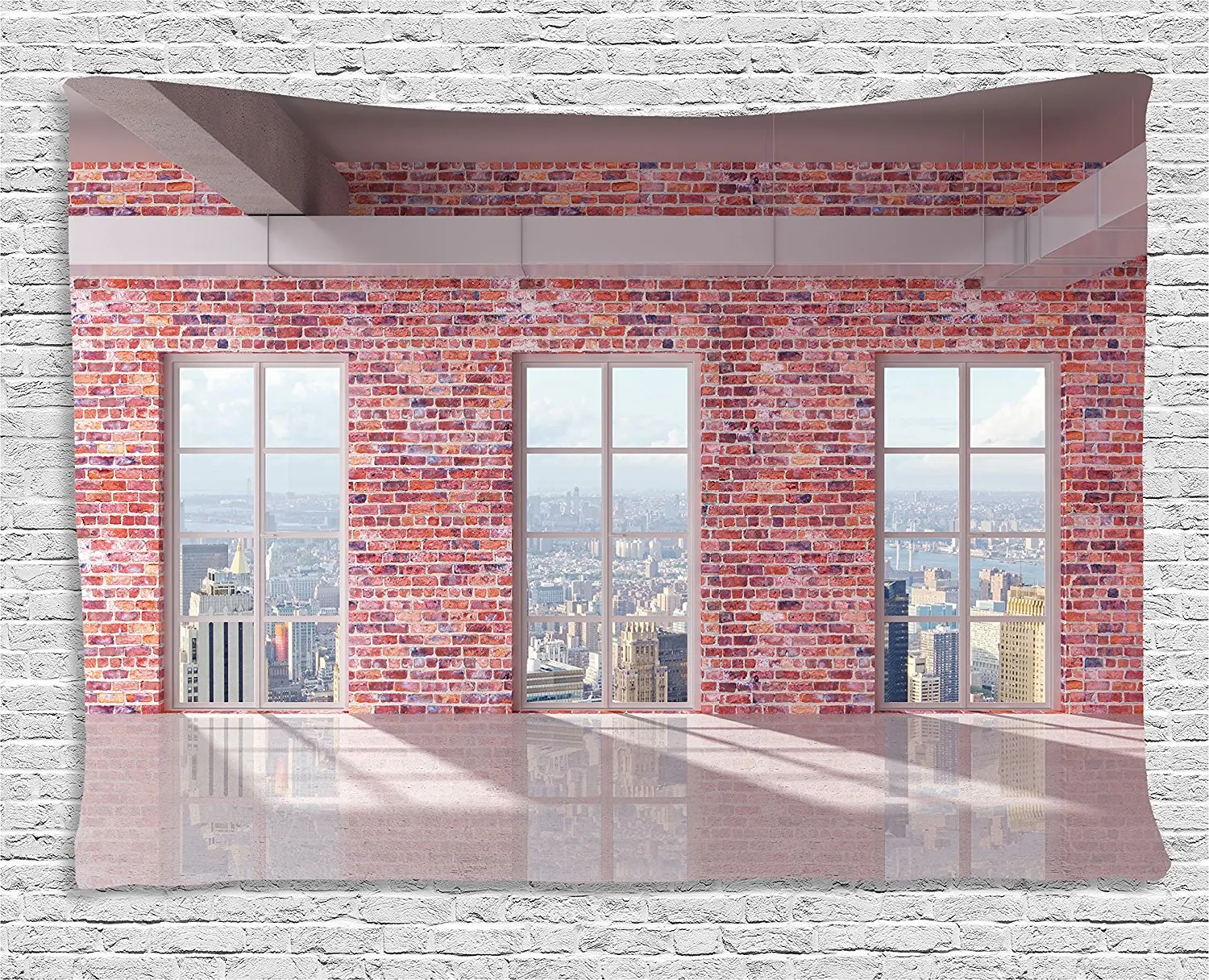 Modern Decor Tapestry Red Brick Wall Loft Interior with Windows to City Urban Contemporary Design Wall Hanging for Living Room