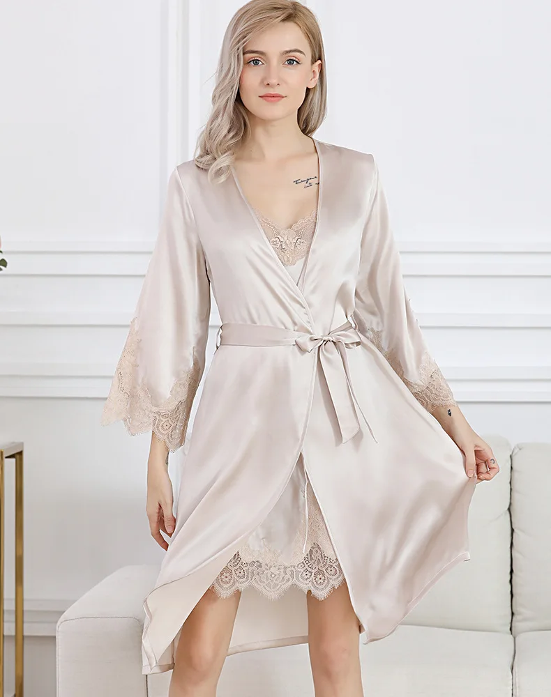Натуральный шелк длинный женский халат и платье наборы с поясом кружева элегантный благородный женский халат и сексуальная ночная рубашка sp0130