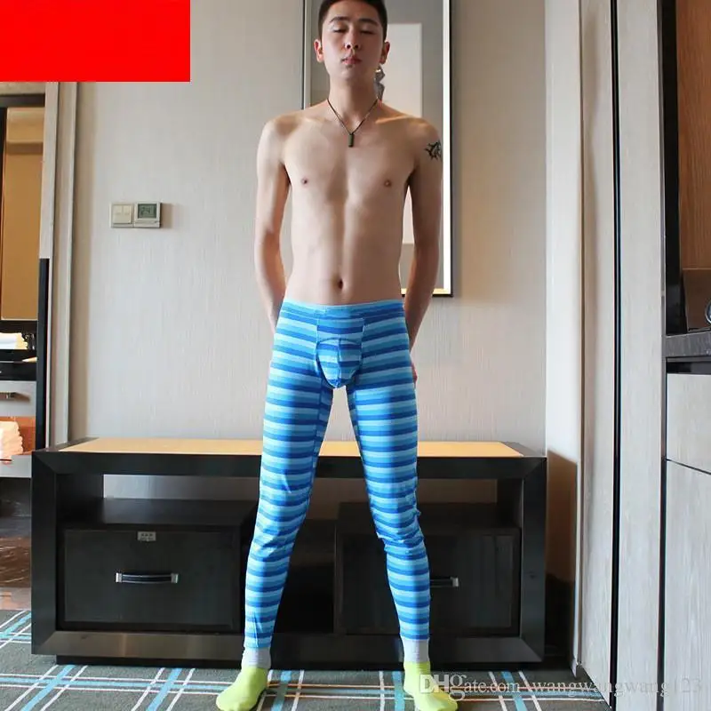 Pants Autumn Winter New Tide Russia China Style Brave Man Yellow Blue Stripe Print Long Johns Slim Elasticity Cotton Blending