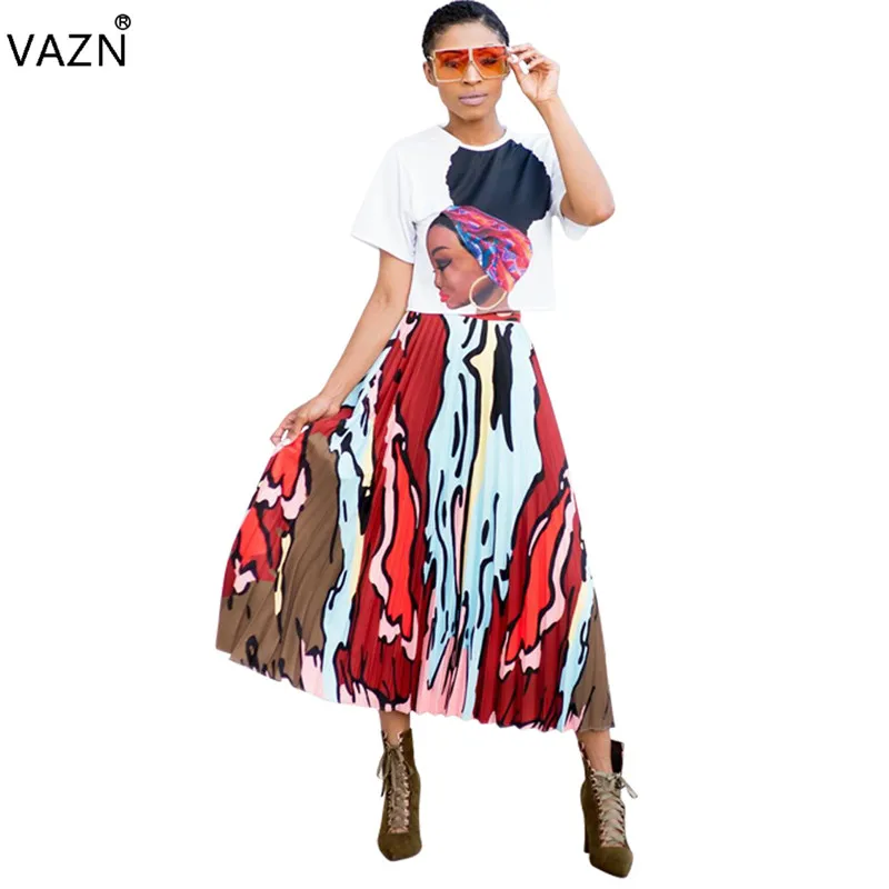 VAZN Весна, новые сексуальные женские плиссированные свободные длинные юбки с принтом, сексуальные женские плиссированные длинные юбки LSD8310