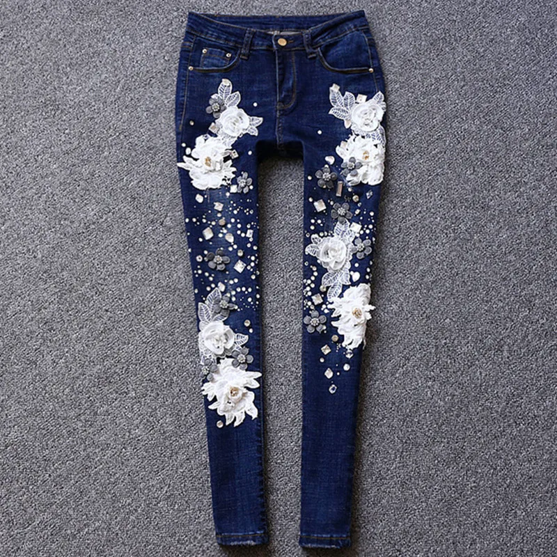 

Floral Embroidery Jeans Female Slim Casual Denim Pants 2018 Skinny Jeans Woman Trousers Pockets Bottom Clothes