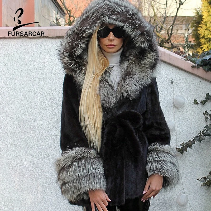 Fursarcar Black Mink Fur Coat With Silver Fox Fur Women Winter Jacket