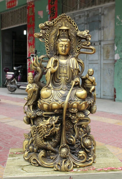 

wholesale factory 17 Chinese Bronze Temple Lotus Kwan-yin Pot Child Statue On FengShui Dragon Ball 25% off