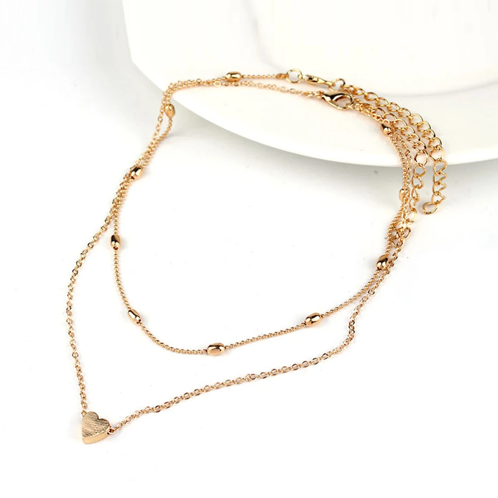 

Fashion Charming Classic Chain Simple Choker All-Match Jewelry Girl Double Layers Heart Pendant Birthday Women Necklace Party