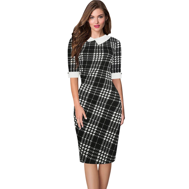 

Oxiuly Women Short Sleeve Plaid Dresses Female Turn Down Collar Sheath Robe Vintage Dress Cotton Autumn Summer Office Work Wear