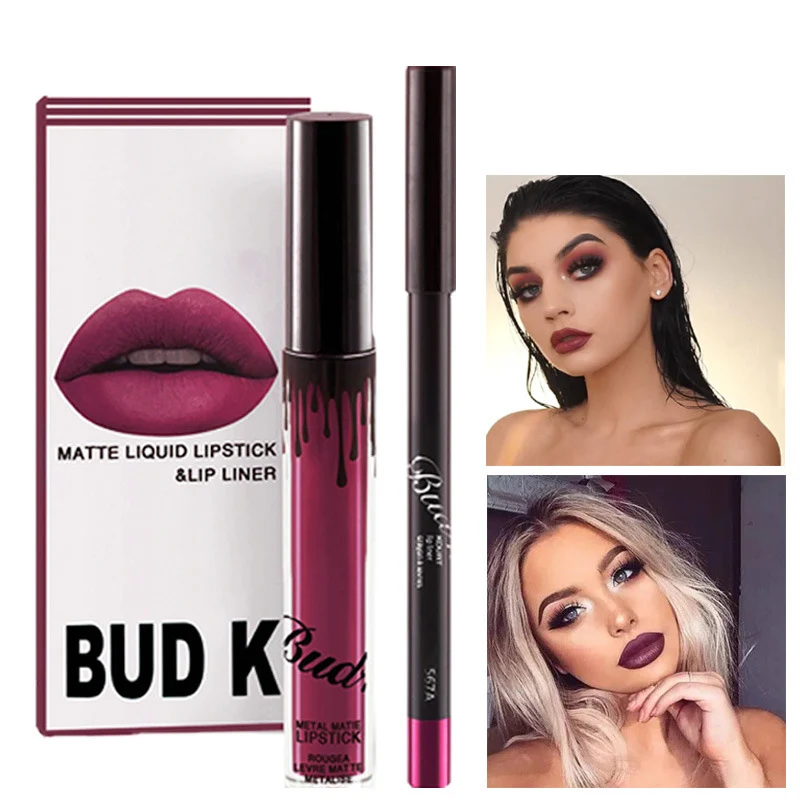 

2018 hot Matte Liquid Lipstick lips pencil makeup Lasting Waterproof Easy to Wear Mate lip gloss rouge lip Kit Batom 2pcs/1set