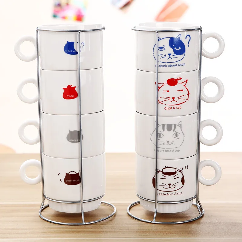 

4 Pcs/set Creative Ceramic Cups Flamingo Panada Cute Cartoon Tea Milk Coffee Mugs Stacked Water Drinking Tumbler with Frame