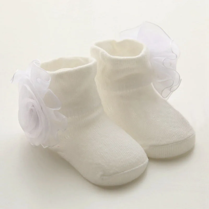 Милые носки для новорожденных skarpetki meias, носки принцессы с большим кружевным цветком для маленьких девочек зимние теплые хлопковые носки до щиколотки для малышей - Цвет: white