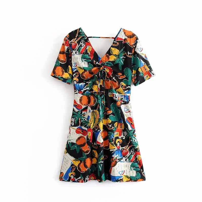

2019 elegant women vintage v neck colorful graffiti print drawstring mini dress female lace up vestidos chic party dress DS2296