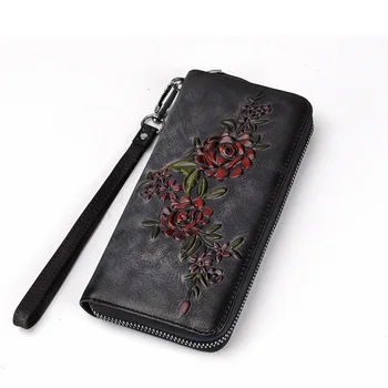 

Vintage Genuine Leather Long Wallet Embossed Female Zipper Clutch Bags Real Cowhide Women's Purse Ladies Card Holder Handy Bag
