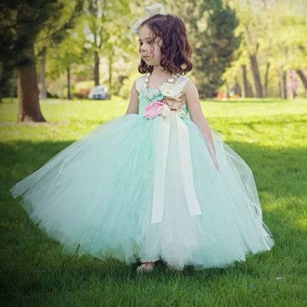 Fashion cyan orange children flower girls dresses toddler ...