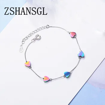 

Fashion New 925 Sterling Silver Multicolor Love Heart Shaped Chain Link Women Bracelet Sterling Silver Jewelry Gift