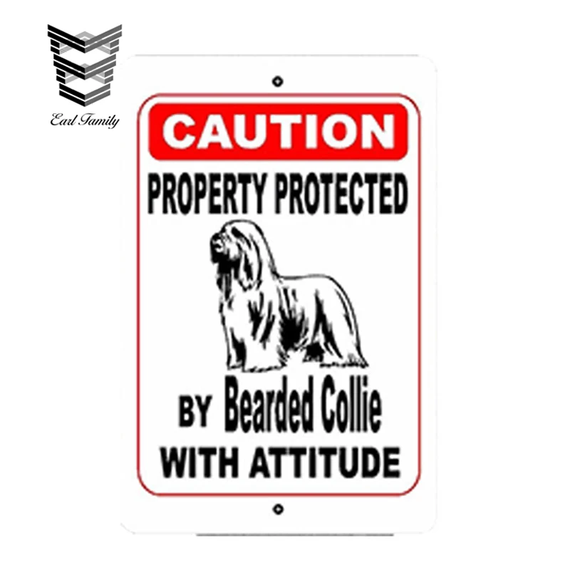EARLFAMILY 12cm X 8cm Car Styling Waterproof Property Protected By Bearded Collie Dog Breed With Attitude Metal Sign Sticker | Автомобили