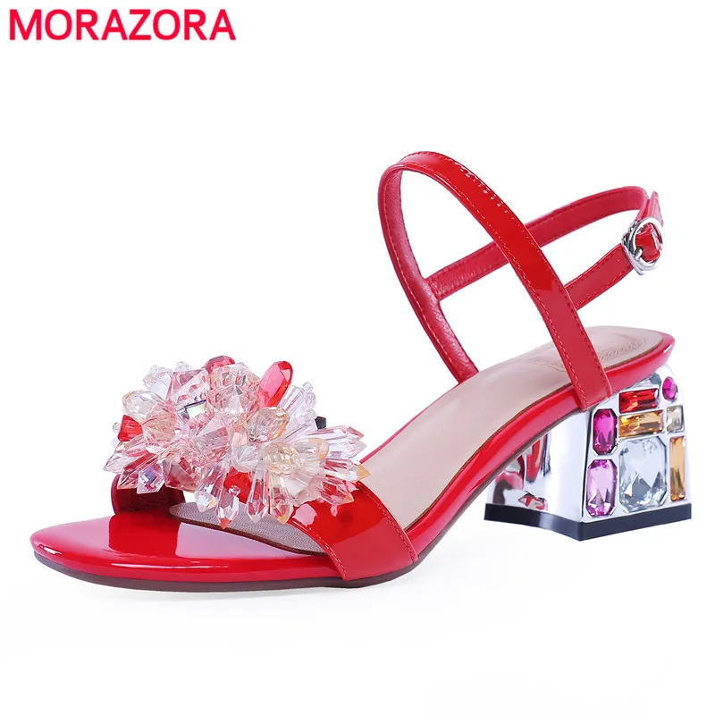 MORAZORA/ г., босоножки из натуральной кожи женская обувь вечерние свадебные туфли на высоком квадратном каблуке с пряжкой и кристаллами Летняя обувь Стразы