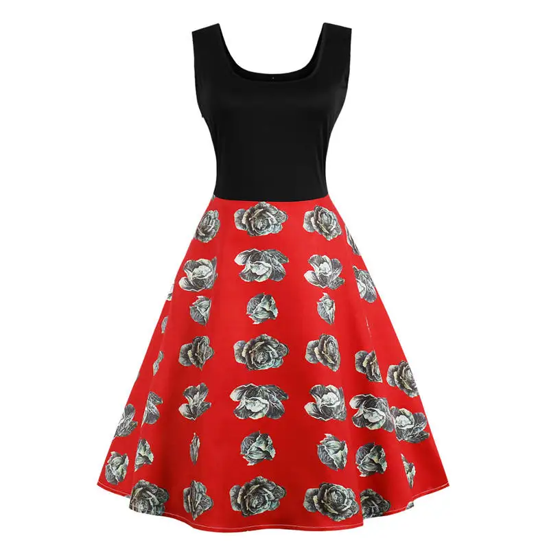 

Summer Womens Rainbow Print Sleeveless A-Line Slim Dress Retro Vintage 50s Ladies Rockabilly Evening Party Plus Size Dress S-4XL