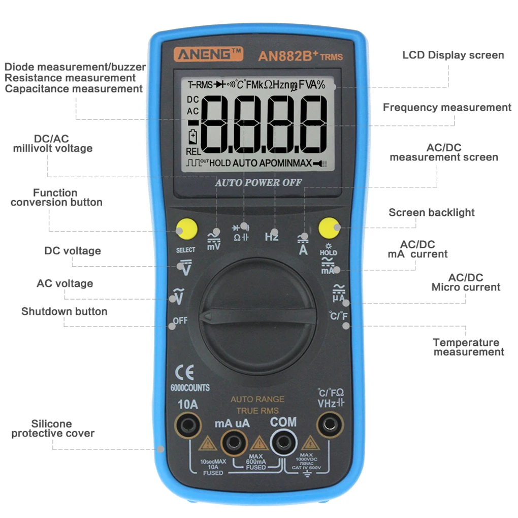 

New ANENG AN882B+ Digital Multimeter Auto Range AC/DC Backlight Meter Resistance Voltage Current Measurement