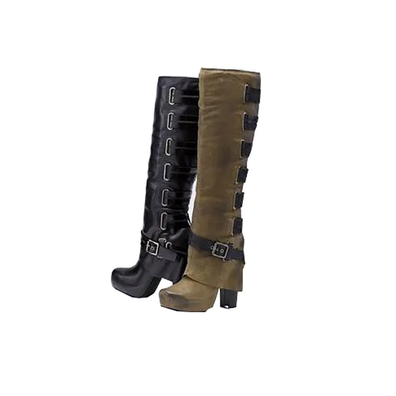 

Winter Knee High Boots For Women Lace Up Riding Boots Chunky High Heel Boots Buckle Woman Round Toe Shoes Big Size Black Gray