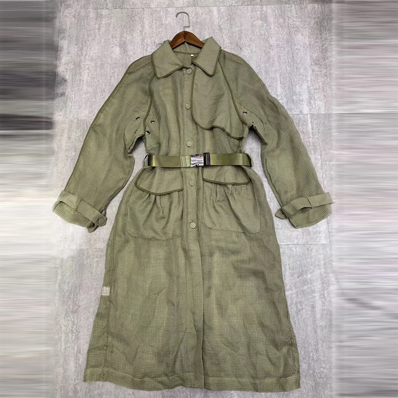 Spring Autumn Army Green Military Safari Style Solid Women's Wind-breaker Lapel Full Single Breasted Sashes Women's Coat