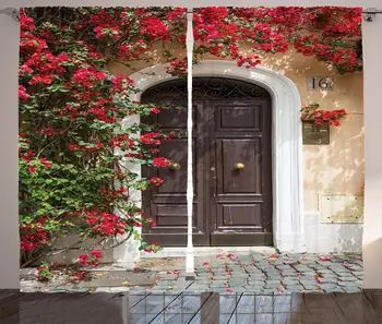 

Moroccan Curtains Old Wooden Door Surrounded by Flowers European Medieval Entrance Italy Artful Print Living Room Bedroom Window
