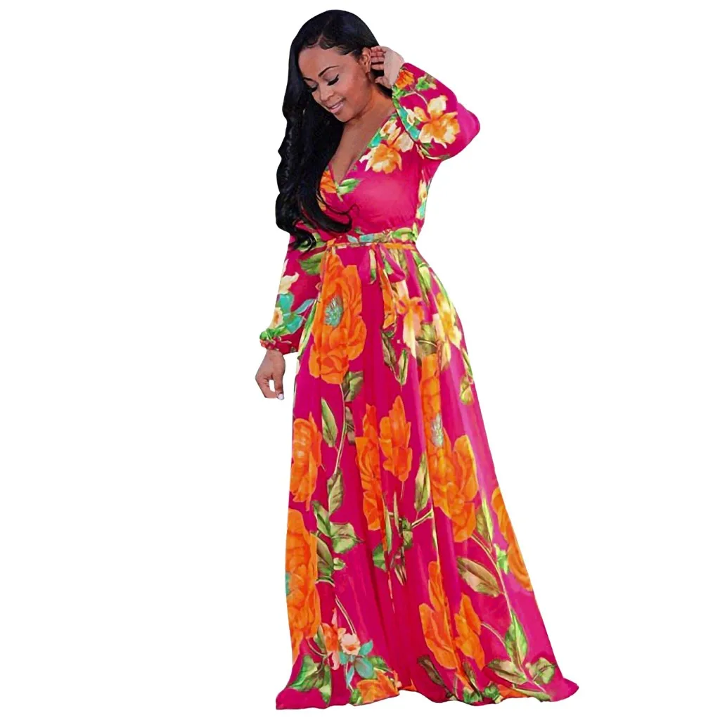 

Womens Summer Dresses Chiffon V-Neck Long Sleeve Printed Floral Maxi Boho Tight Waist Evening Party Dress with Waisted Belt Plus