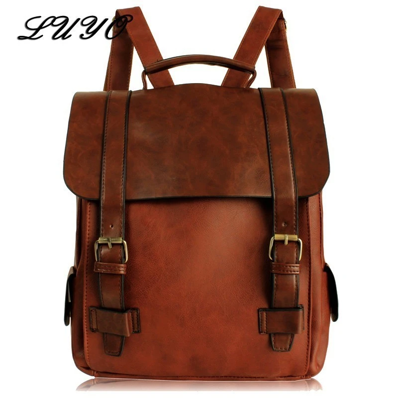 Mochila escolar Vintage de cuero para hombre y mujer, morral femenino de Mochila escolar pequeña, marrón negro, A la moda|Mochilas| - AliExpress