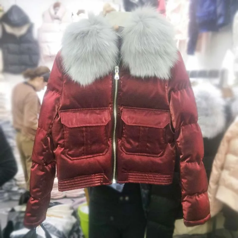 Ladies Fourrure Parkas Noir rose Renard Nouveau Coton blanc Col Veste Chaude 2008 Réel Courte Épais Manteau Hiver Grand bleu Femme Slim bourgogne Étudiants De OHxW0wZ