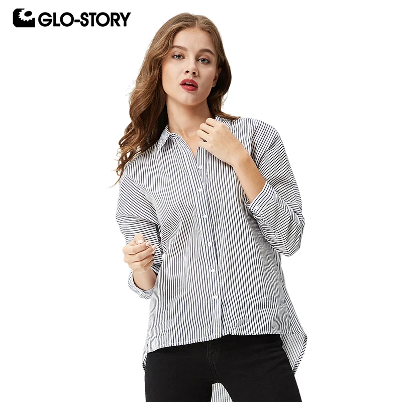 

GLO-STORY 2018 New Women Shirt Chiffon Blouse Casual Long Sleeve Button Down Striped Tops Loose Blouses Blusas Feminina WCS-3679