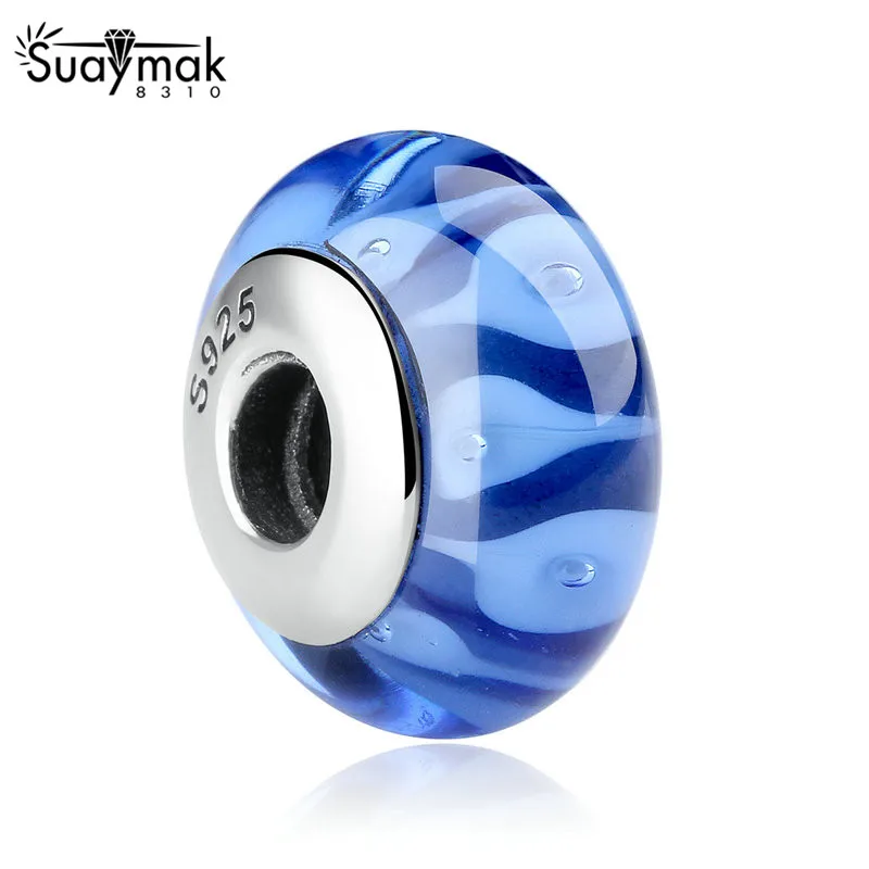 SUAYMAK Classic 925 Sterling Silver Blue European Murano Glass Beads Charms Compatible Fit For SMK Bracelets &amp Bangles | Украшения и