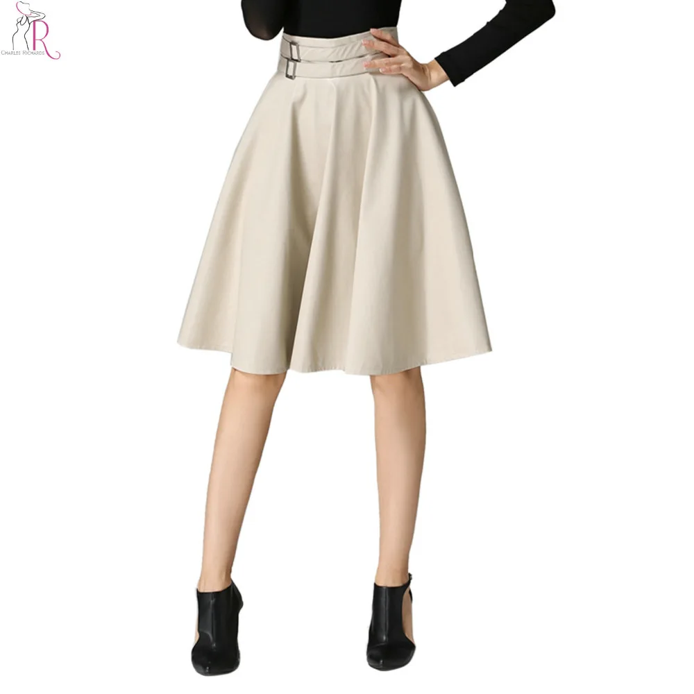 2 Colors PU Faux Leather Midi Skater Skirt High Waist Tied Belted Waist