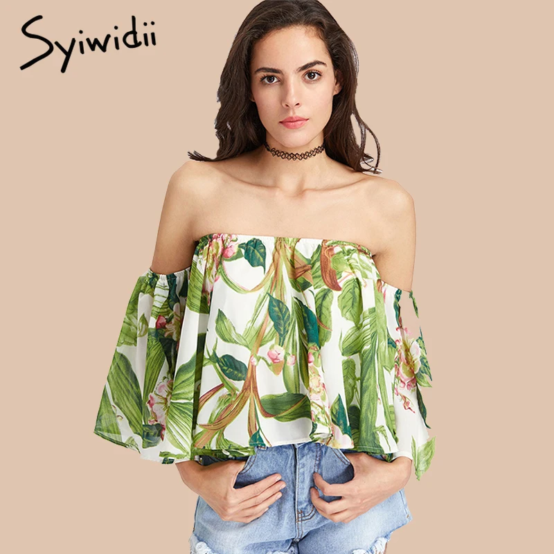 Блузка женская тропическая растительная печать Boho с открытыми плечами Топ яркое